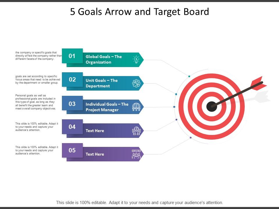 5 Goals Arrow And Target Board Presentation PowerPoint Diagrams PPT