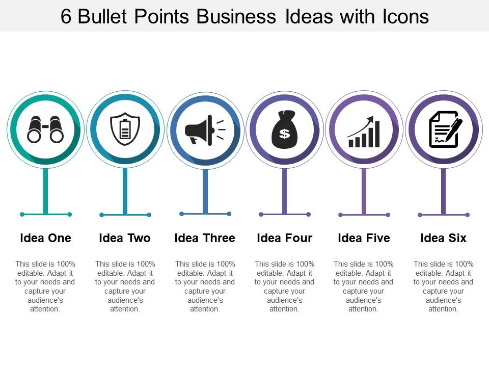 6 bullet points business ideas with icons Slide01