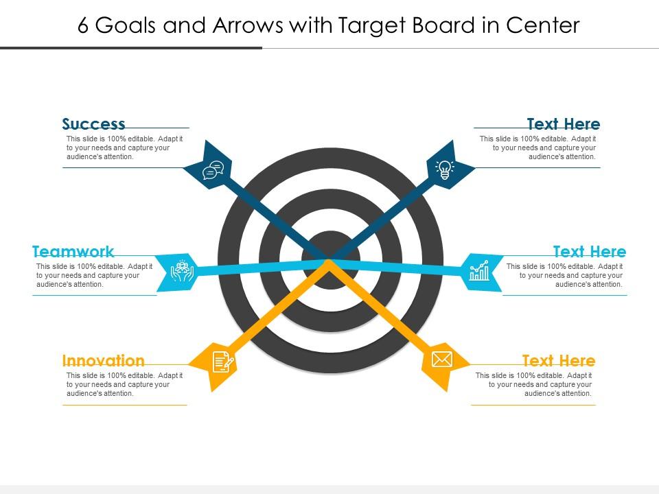 6 goals and arrows with target board in center Slide01
