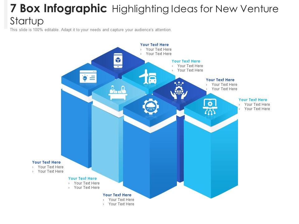 7 box infographic highlighting ideas for new venture startup Slide01