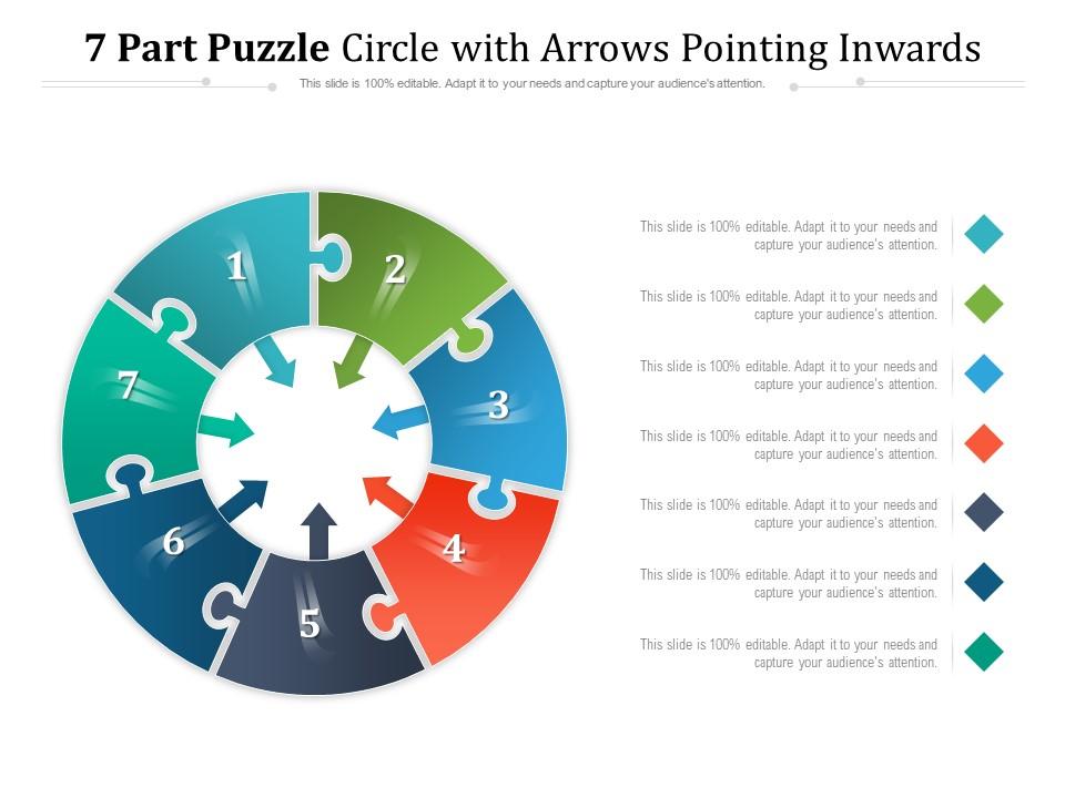 7 part puzzle circle with arrows pointing inwards