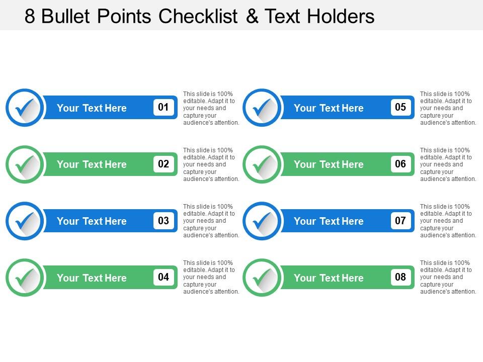 8 bullet points checklist and text holders Slide01