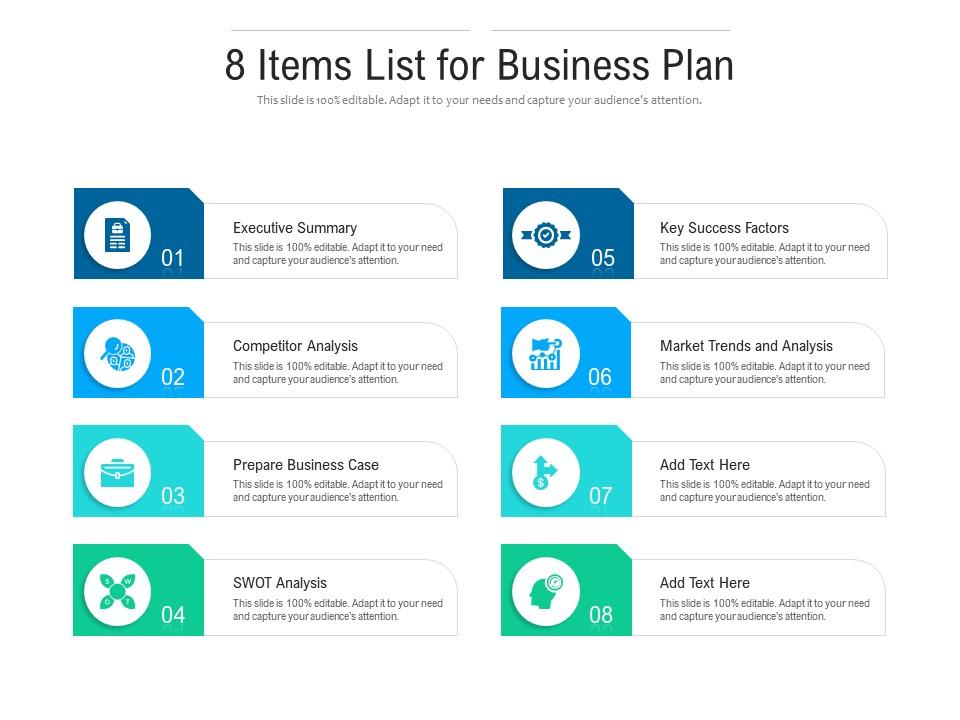 8 items list for business plan Slide01