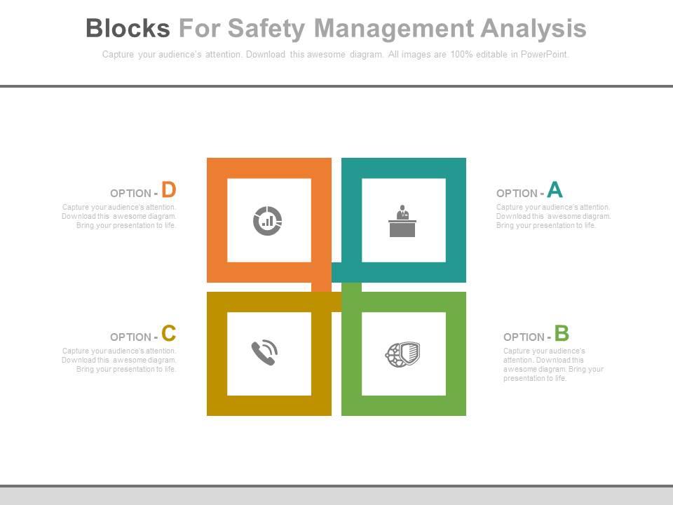 a Four Blocks For Safety Management Analysis Flat Powerpoint Design, PowerPoint Presentation Slides, PPT Slides Graphics, Sample PPT Files