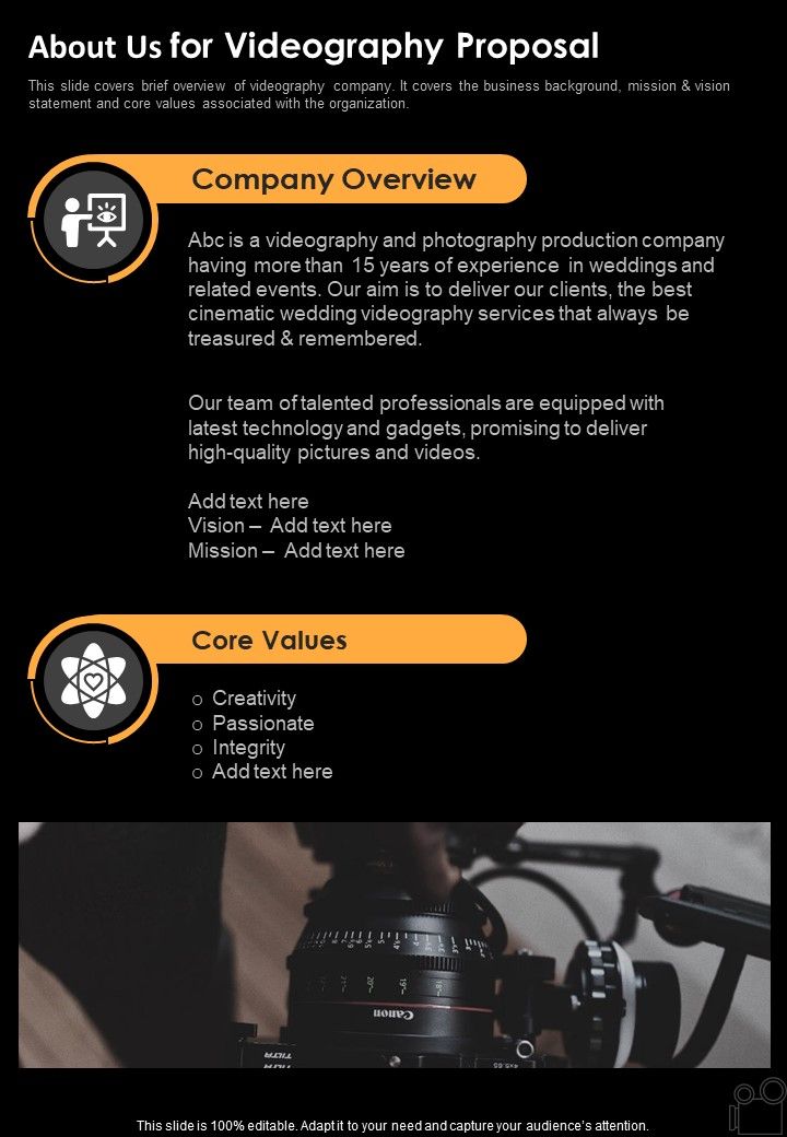 About Us For Videography Proposal One Pager Sample Example Document