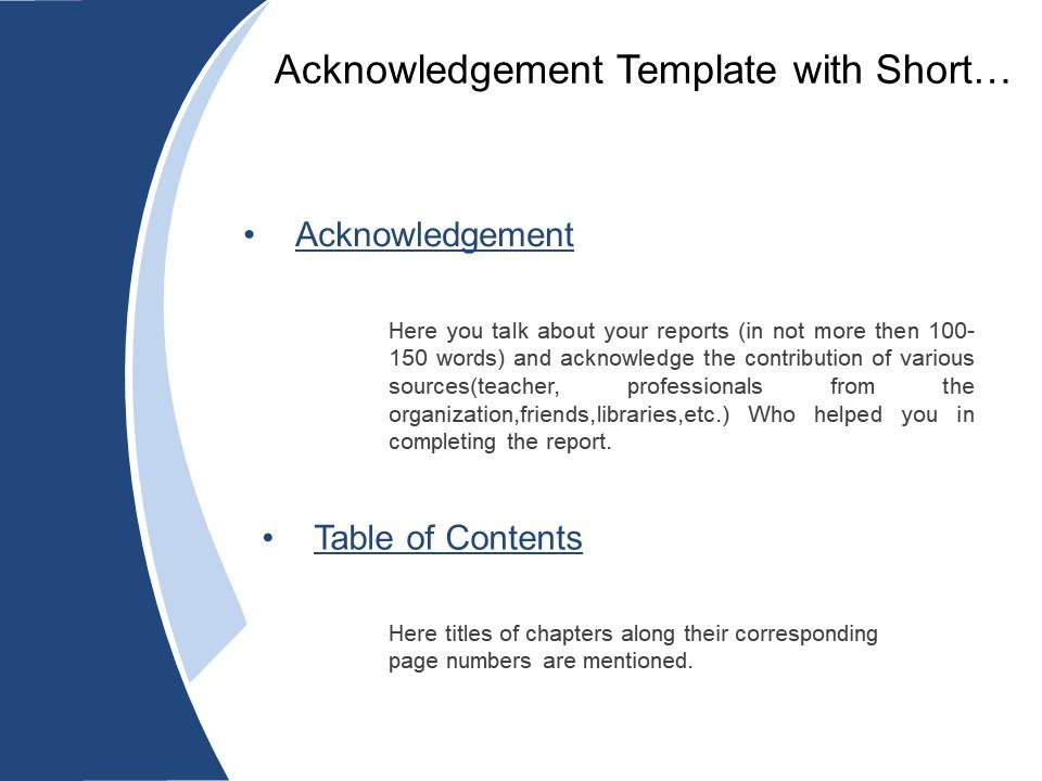 Acknowledgement template with short briefing and table of contents Slide01