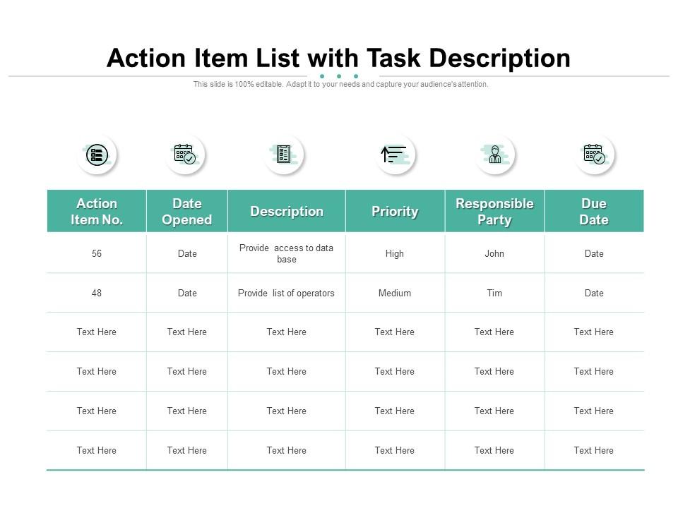 Action Item List With Task Description Graphics Presentation
