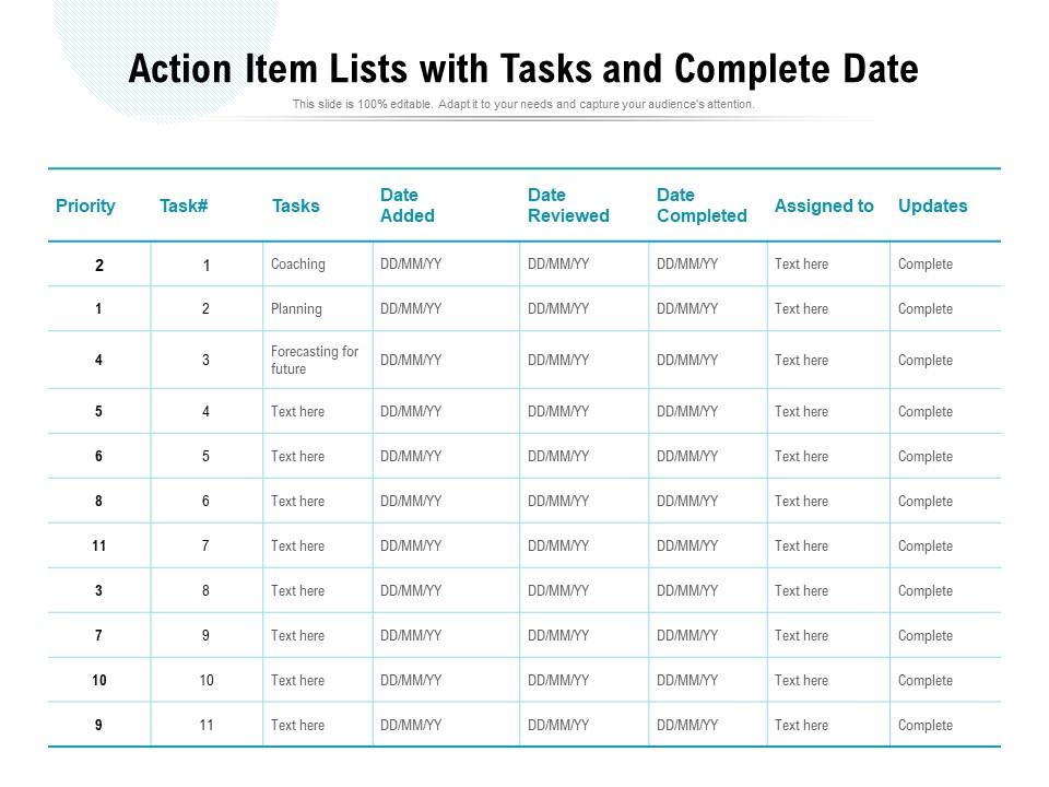 Action Item Lists With Tasks And Complete Date | Templates PowerPoint ...