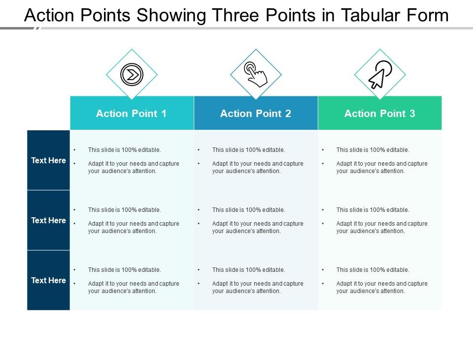 Action points showing three points in tabular form Slide00