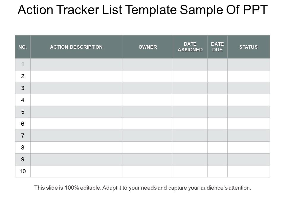 Action tracker list template sample of ppt Slide00