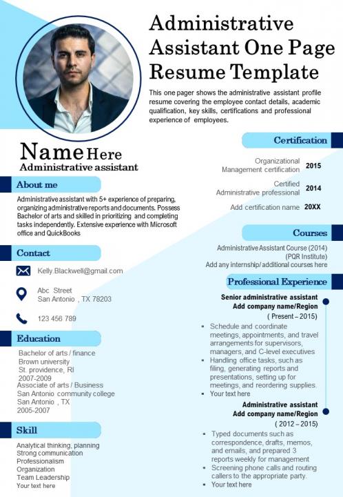 Administrative assistant one page resume template presentation report ppt pdf document Slide01