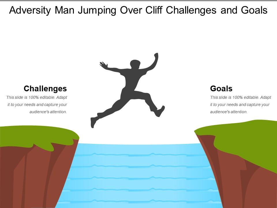 Adversity man jumping over cliff challenges and goals Slide01
