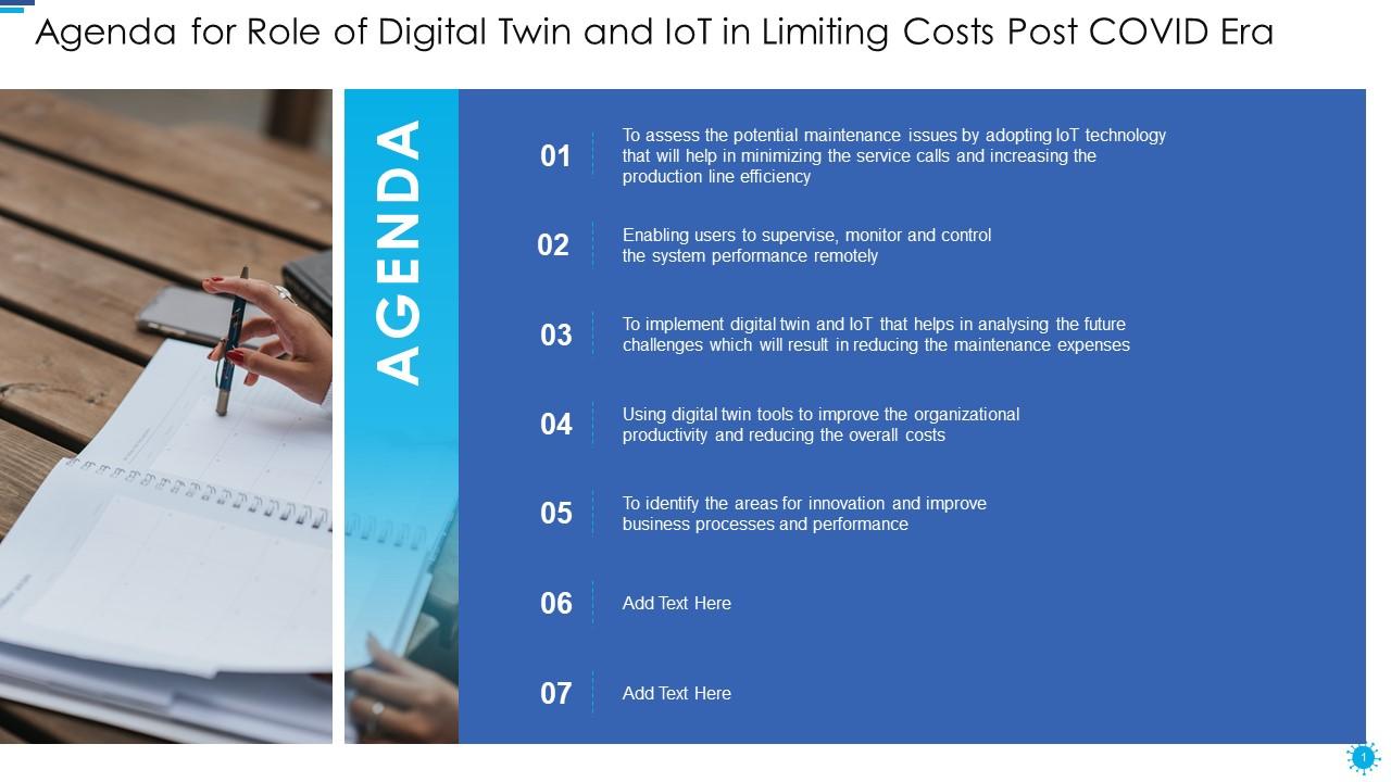 Agenda for role of digital twin and iot in limiting costs post covid era Slide00