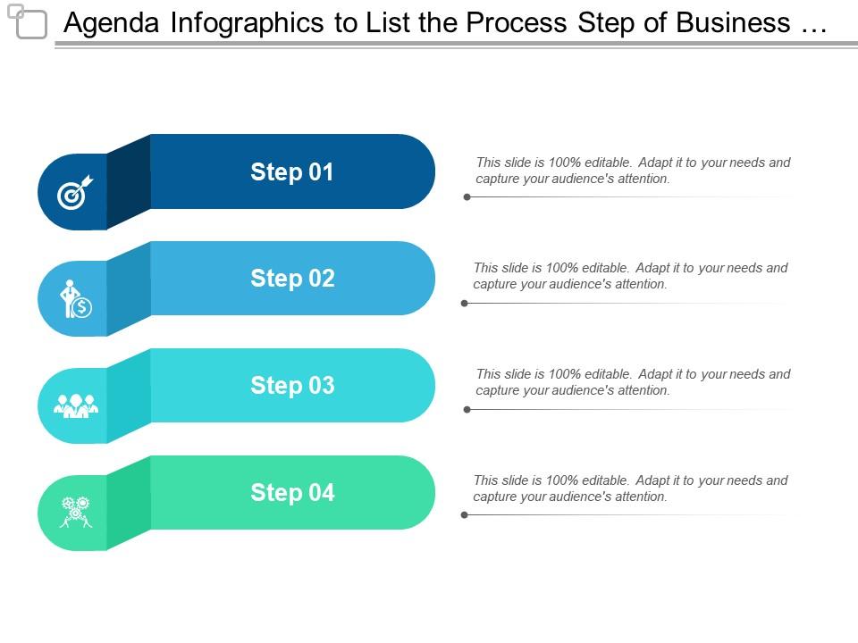 Agenda infographics to list the process step of business activity Slide00