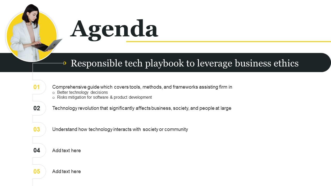 Agenda Responsible Tech Playbook To Leverage Business Ethics Ppt File