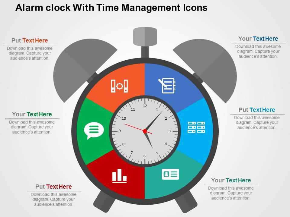 Alarm clock with time management icons flat powerpoint design Slide01