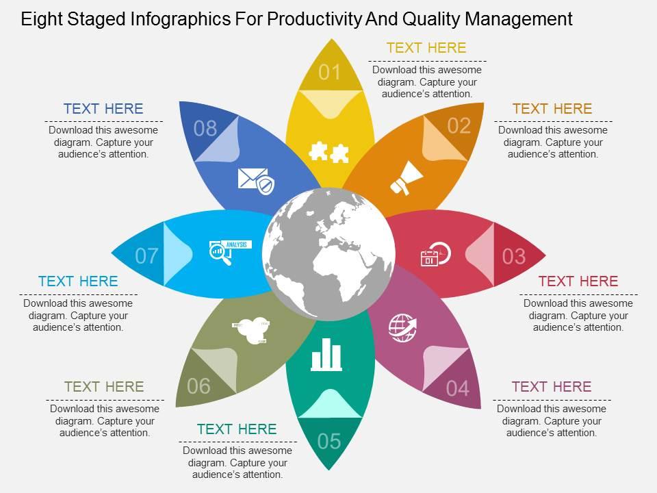 App eight staged infographics for productivity and quality management flat powerpoint design Slide01