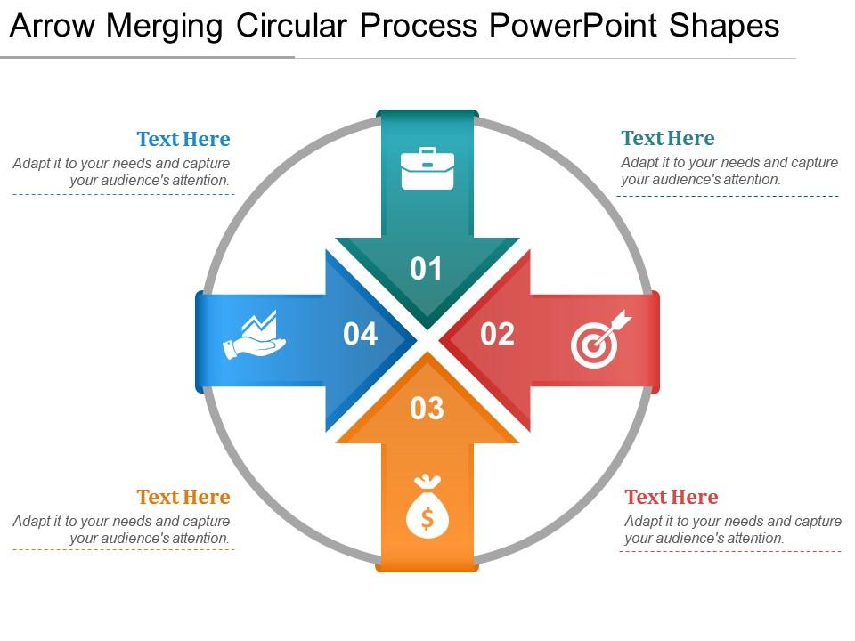 Arrow merging circular process powerpoint shapes Slide00
