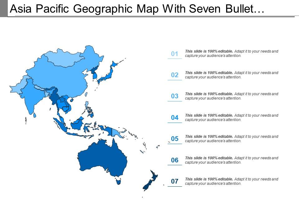 Asia pacific geographic map with seven bullet points Slide01