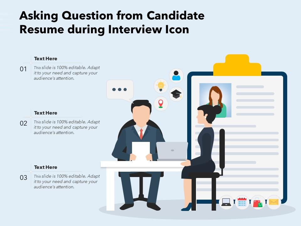 Asking question from candidate resume during interview icon Slide01