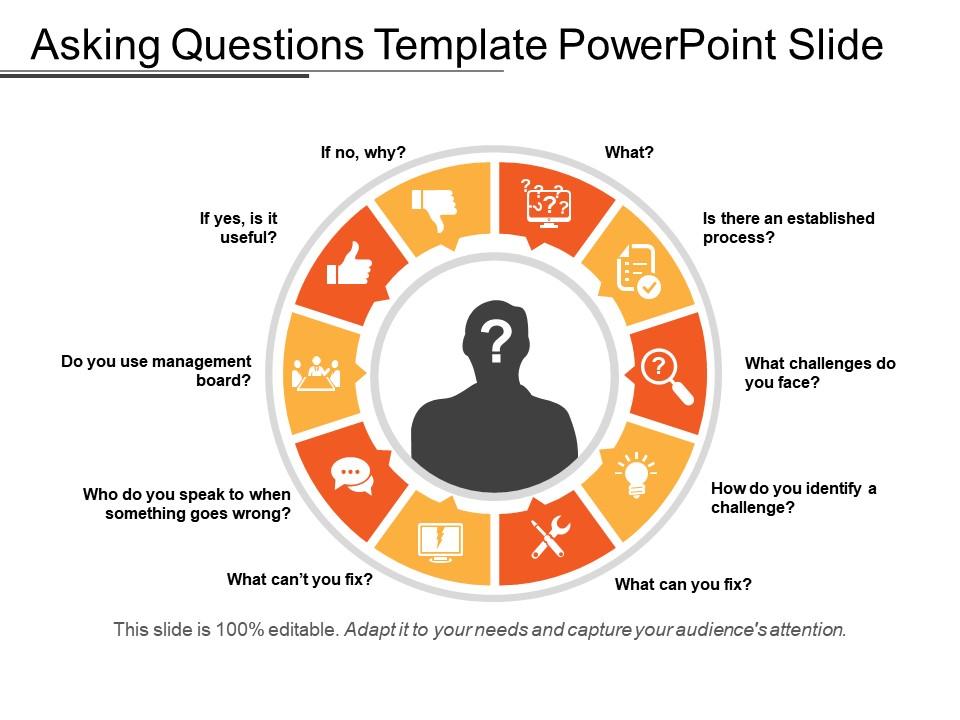 Mẫu slide PowerPoint đặt câu hỏi là một công cụ hữu ích để giúp bạn giao tiếp rõ ràng và hiệu quả. Với tông màu tươi sáng và các phần tử trang trí độc đáo, bạn có thể sử dụng mẫu này để trình bày các câu hỏi quan trọng một cách dễ dàng và thu hút được sự chú ý của khán giả. Hãy thử sử dụng mẫu slide PowerPoint đặt câu hỏi để tăng tính tương tác trong bài thuyết trình của bạn.