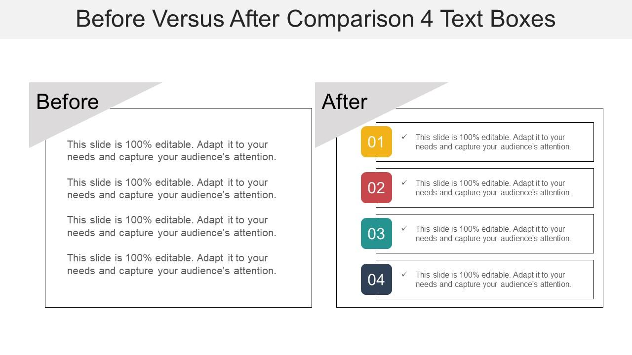 Before versus after comparison 4 text boxes powerpoint graphics Slide01