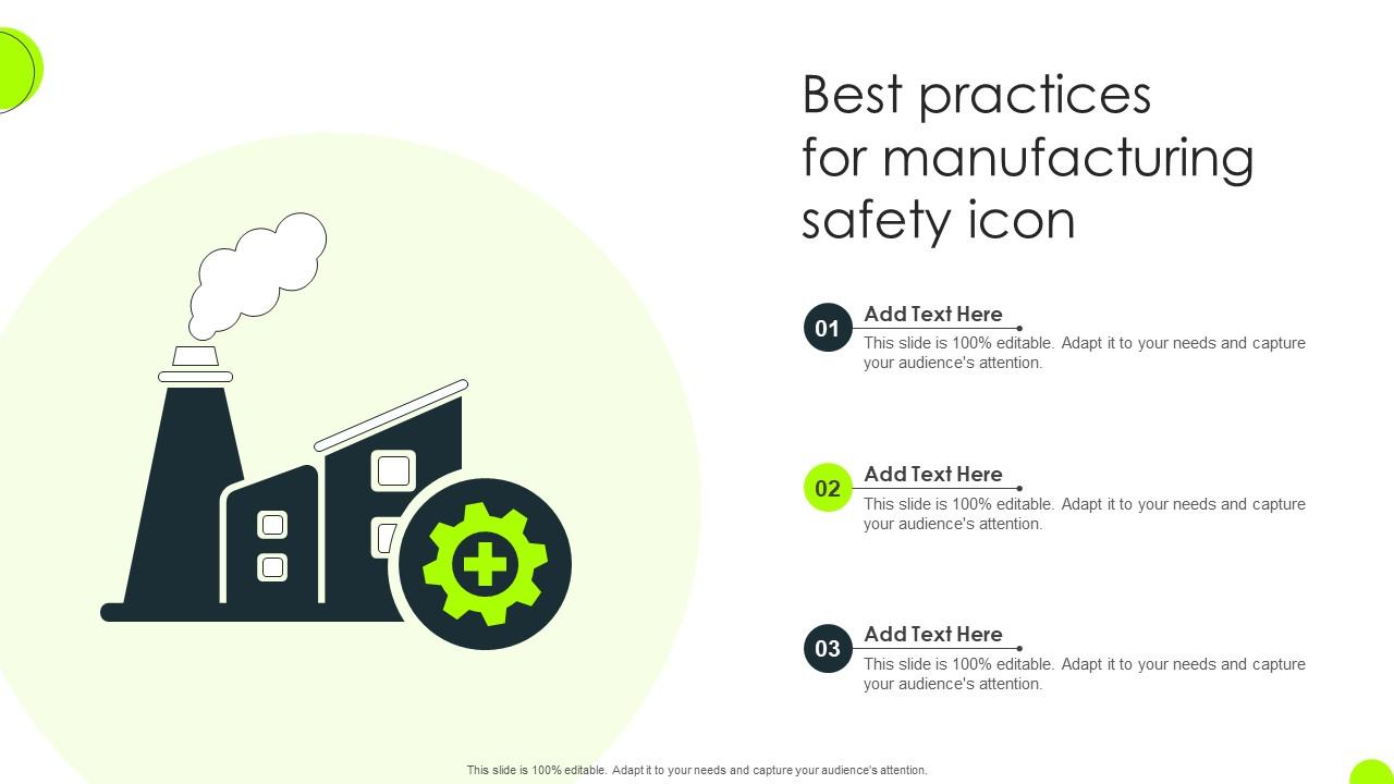 Best Practices For Manufacturing Safety Icon PPT Slide