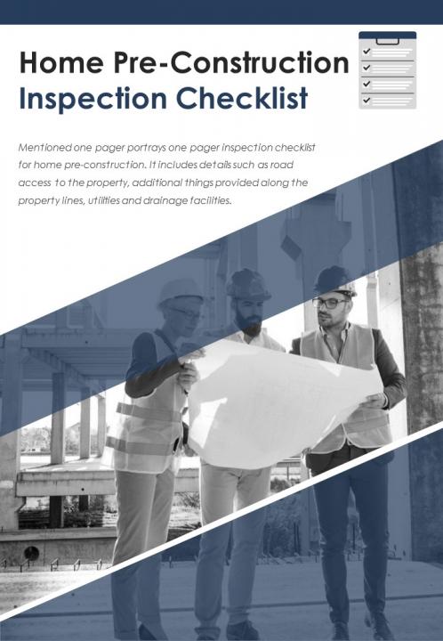 Bi fold home pre construction inspection checklist document report pdf ppt template one pager Slide01