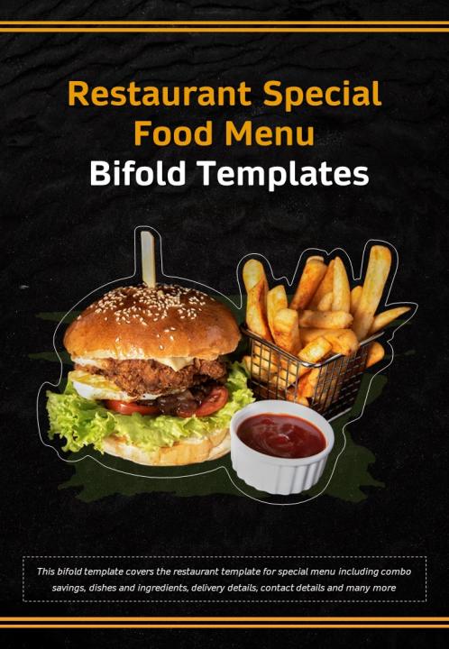 Bi fold restaurant special food menu templates document report pdf ppt one pager Slide01