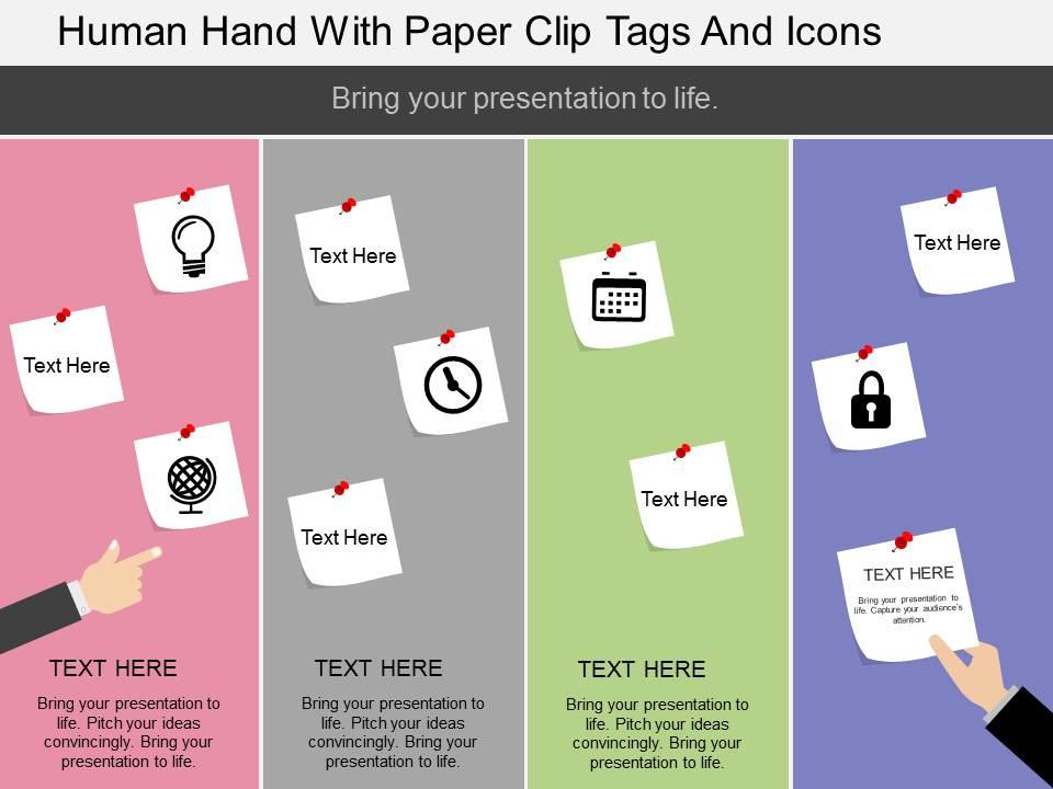 Bi human hand with paper clip tags and icons flat powerpoint design Slide01