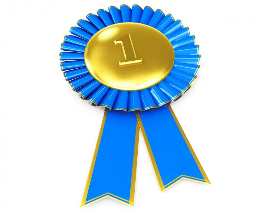 Blue Ribbon Batch For First Position On White Background Stock Photo, PowerPoint Presentation Designs, Slide PPT Graphics