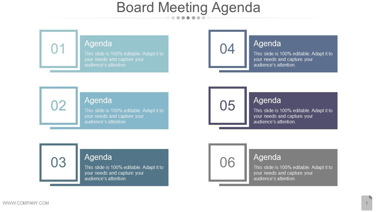 Board meeting agenda ppt presentation presentation examples Slide01