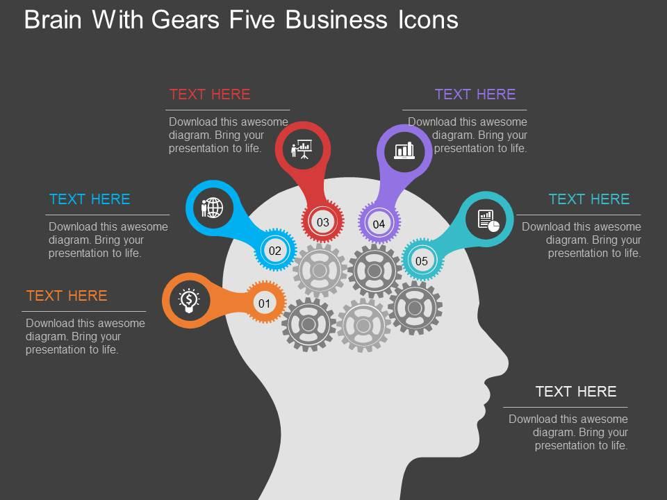 Brain with gears five business icons flat powerpoint design Slide01