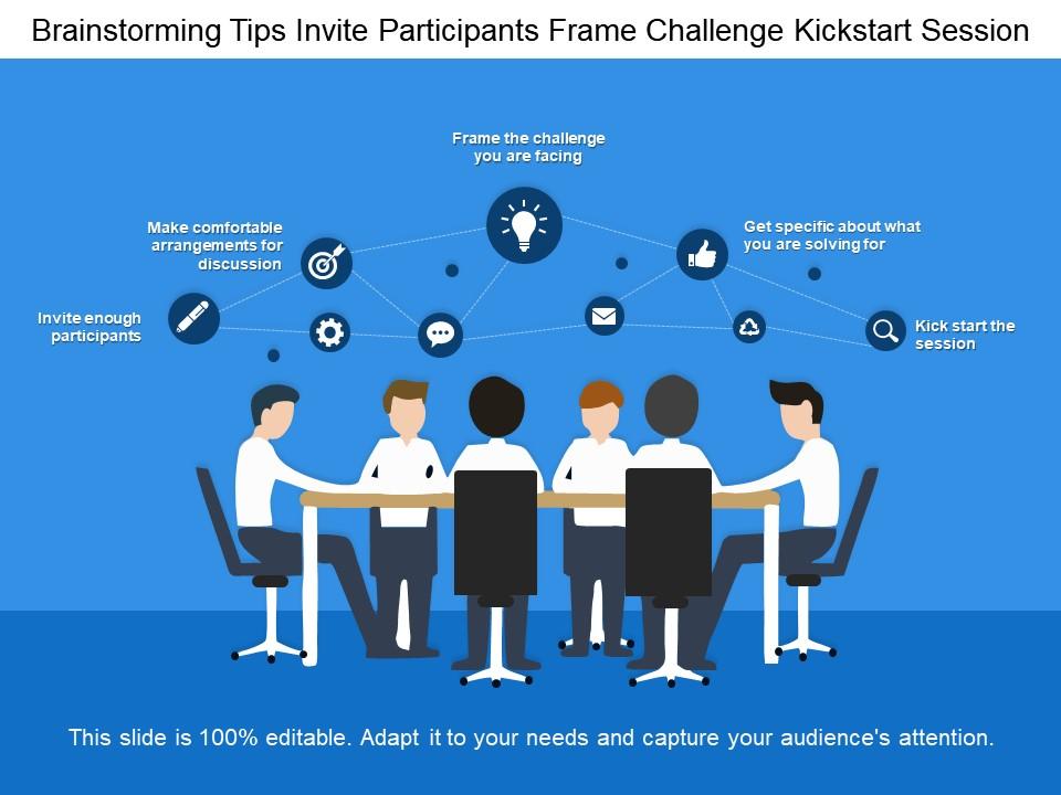 Brainstorming tips invite participants frame challenge kickstart session Slide01