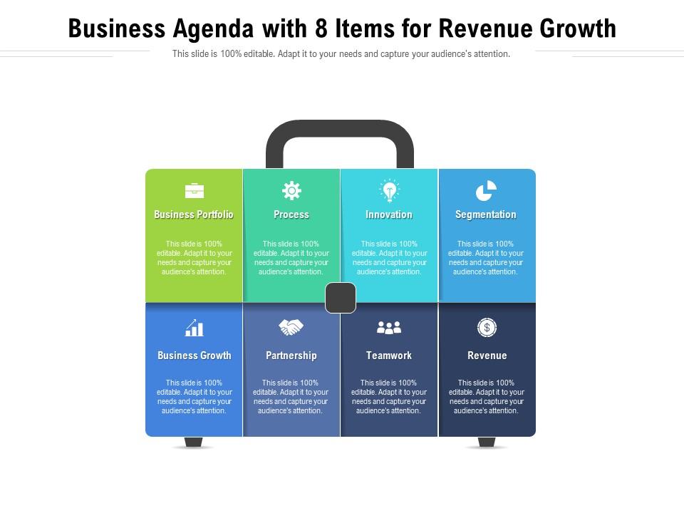 Business agenda with 8 items for revenue growth Slide01