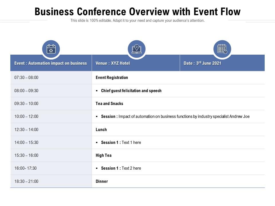 Business conference overview with event flow Slide01
