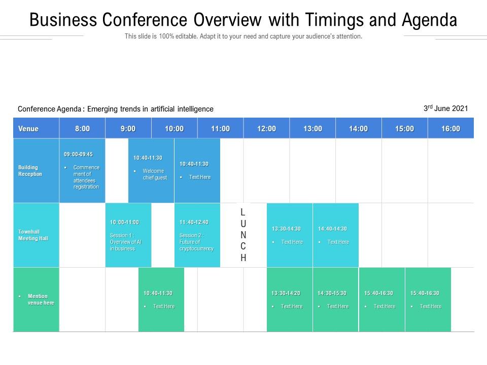 Business conference overview with timings and agenda