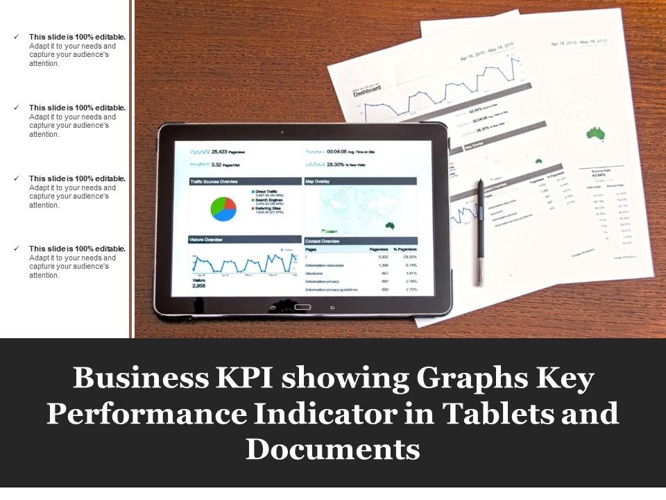 Business kpi showing graphs key performance indicator in tablets and documents Slide01