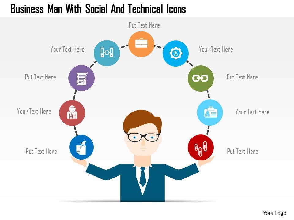 Business man with social and technical icons flat powerpoint design Slide01