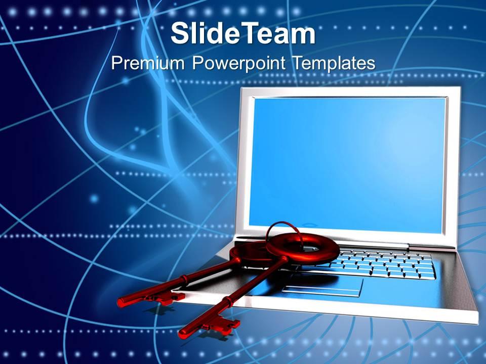 Business strategy innovation laptop with pair of keys security process ppt slide powerpoint Slide01