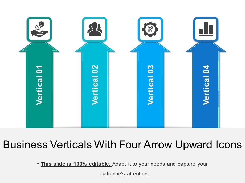 Business Verticals With Four Arrow Upward Icons PowerPoint