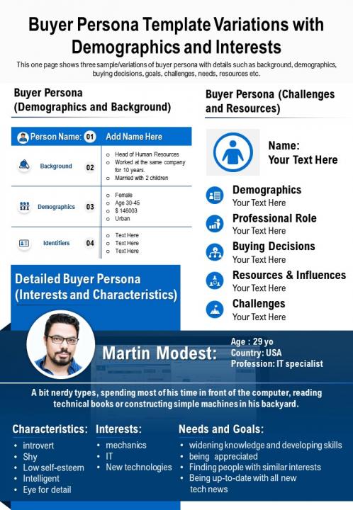 Buyer persona template variations with demographics and interests presentation report infographic ppt pdf document Slide01