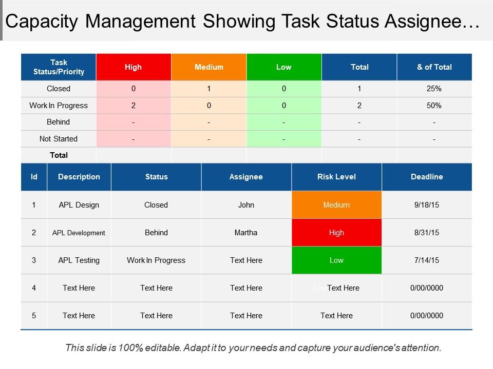 Capacity Management Showing Task Status Assignee Risk Level ...