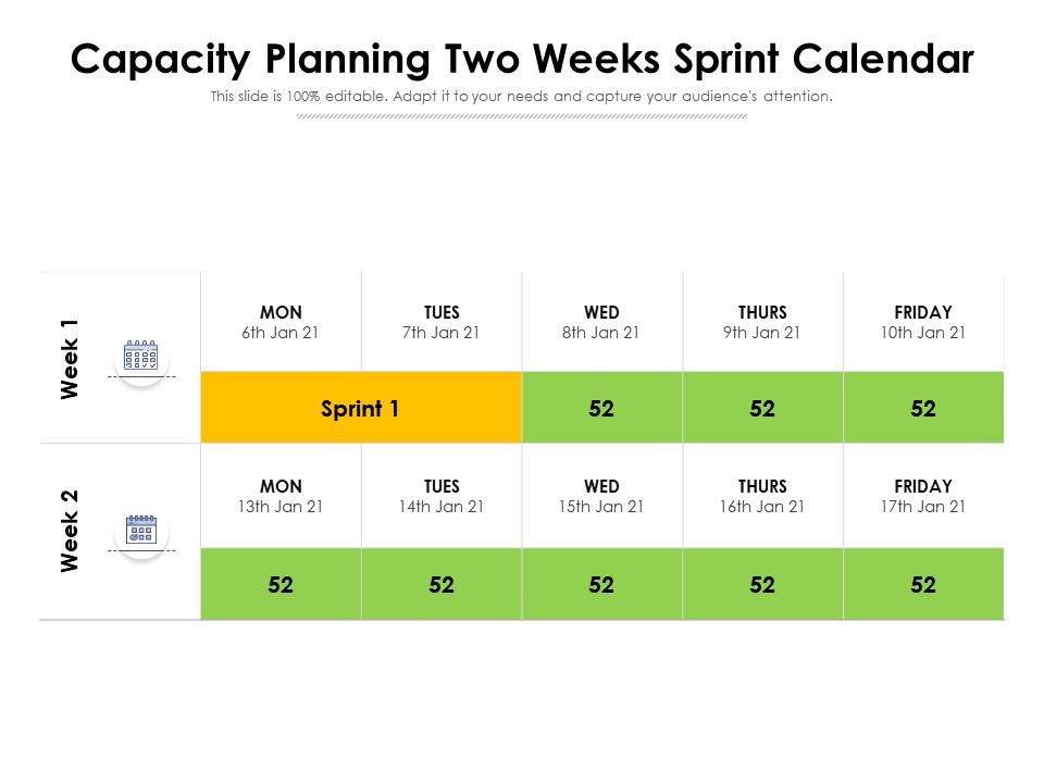 Capacity Planning Two Weeks Sprint Calendar Presentation Graphics