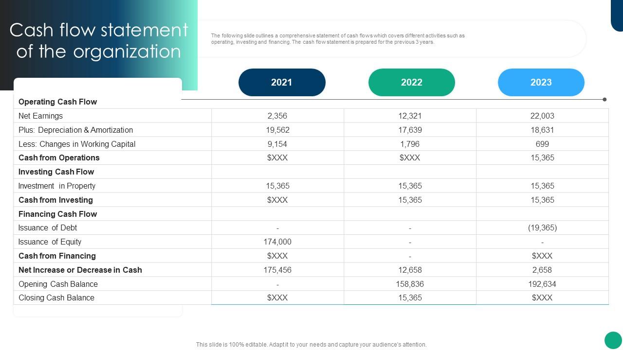 Cash Flow Statement Of The Organization Financial Planning And Analysis