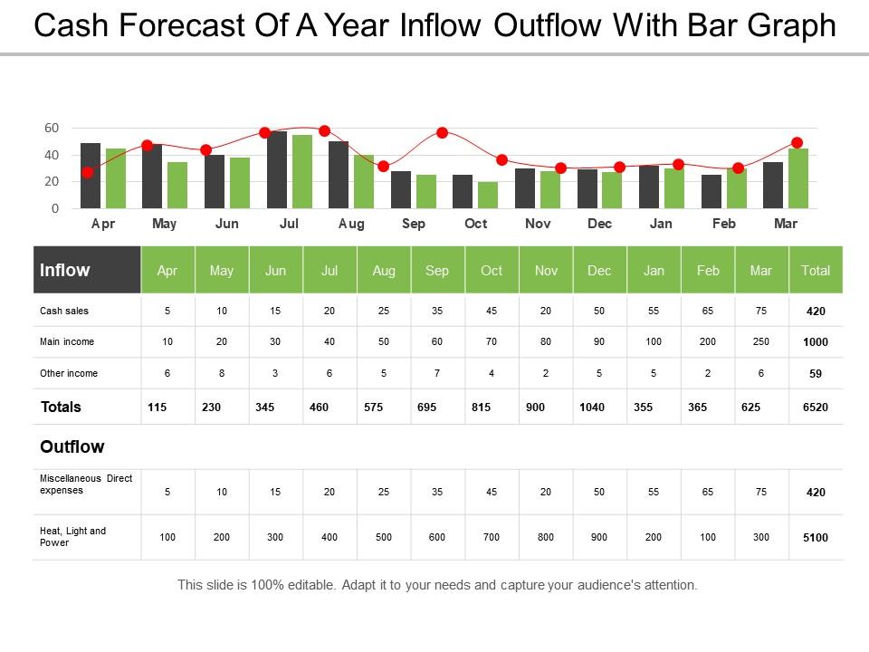 Cash Forecast Of A Year Inflow Outflow With Bar Graph PowerPoint
