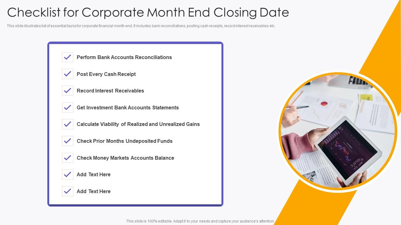 Checklist For Corporate Month End Closing Date Presentation Graphics