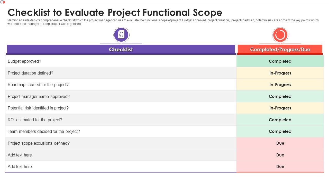 Checklist To Evaluate Project Functional Scope Presentation Graphics