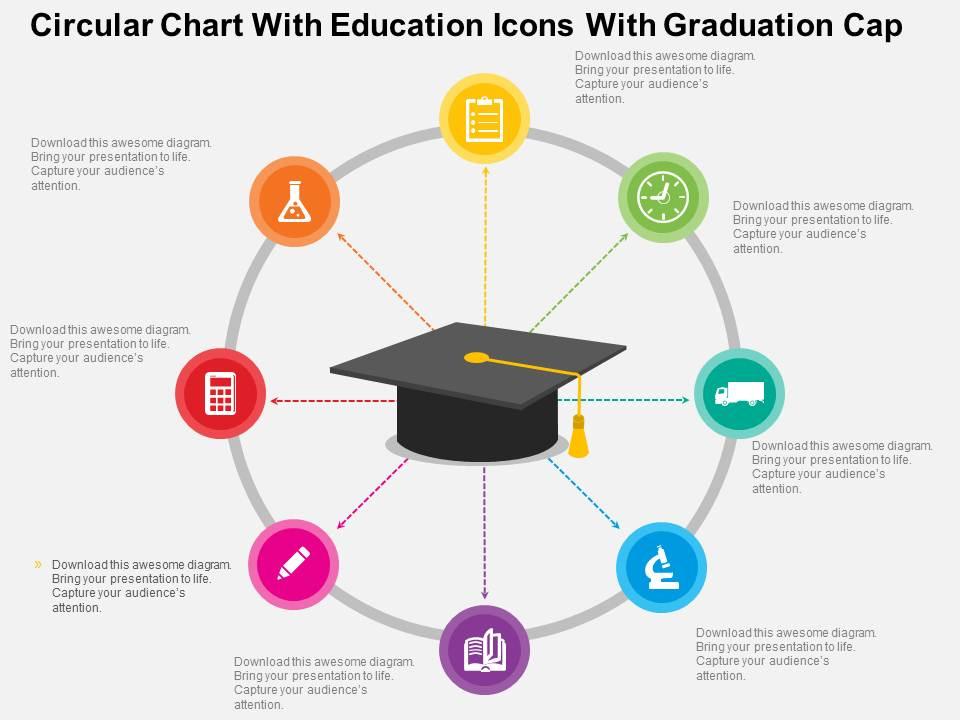 Circular chart with education icons with graduation cap flat powerpoint design Slide01