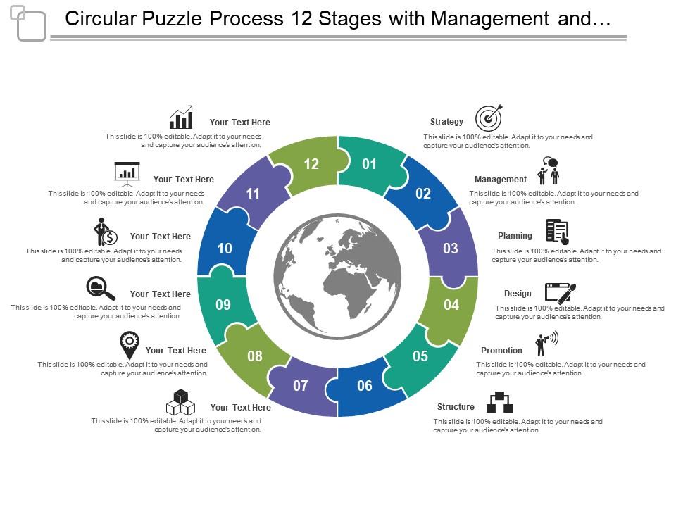 Circular puzzle process 12 stages with management and structure Slide01